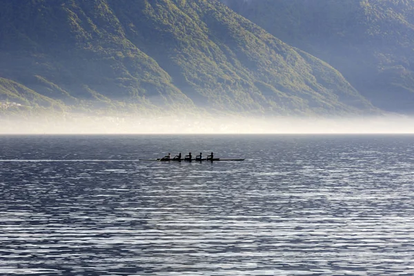 Rowers training on the waters of Lake Geneva — Stock Photo, Image