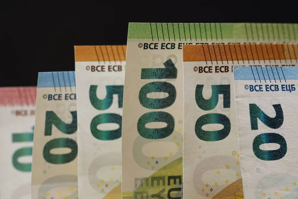 Різні Конфесії Євро Валюта Євро Знаходиться Обігу 2002 Року Банкноти — стокове фото