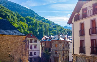 Fransızca Pyrenees bir köyde tipik yüksek dağ evleri