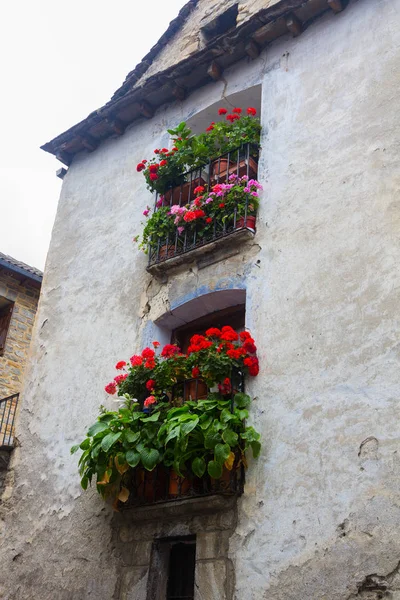 Huizen met bloemen in de steden van de Pyreneeën in huesca, Spanje — Stockfoto