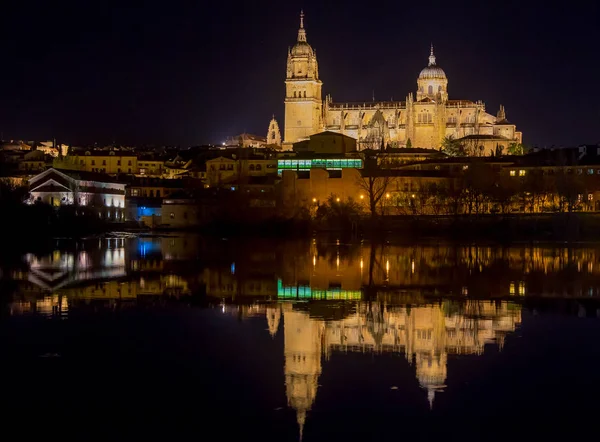 A Salamanca székesegyház megtekintése tükröződik a folyó éjszaka — Stock Fotó