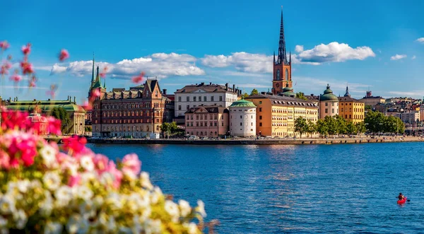Panoramik Stockholm eski şehir Gamla Stan ve Riddarholm üzerine