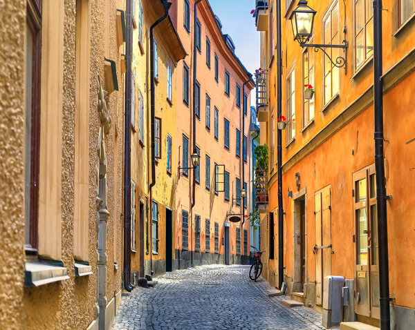 Medieval alleyways, cobbled streets, and archaic architecture in the heart of the old town, Gamla Stan in Stockholm