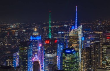 Günbatımı ikonik Times Meydanı gökdelenleri, New York 'taki büyük ticari ve turistik merkezler, Usa