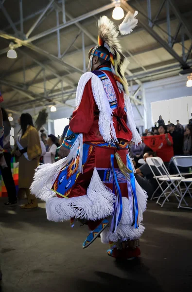 Native American Indian in a traditional grass dancer outfit with a porcupine roach dancing at a powwow in San Francisco — Stock Photo, Image