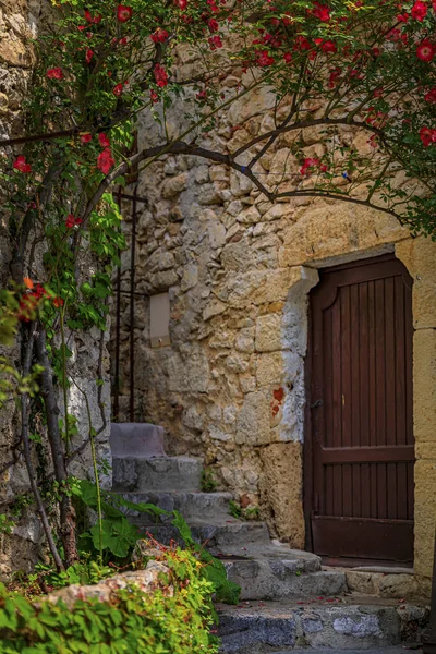 Πέτρινη Εξωτερική Και Ξύλινη Πόρτα Ενός Παλιού Σπιτιού Καλυμμένου Λουλούδια — Φωτογραφία Αρχείου