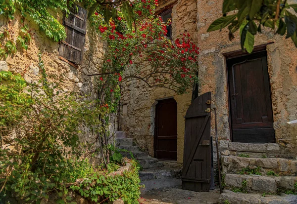 Pedra Exterior Edifícios Antigos Com Flores Nas Ruas Eze Village — Fotografia de Stock