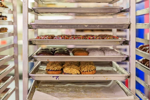 Seleção Rosquinhas Recém Feitas Padeiros Cremalheira Panela Pronta Para Ser — Fotografia de Stock