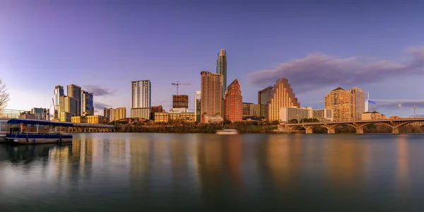 Panorama Downtown High Rises Reflecting Sunset Golden Hour Light Viewed — Stock Photo, Image