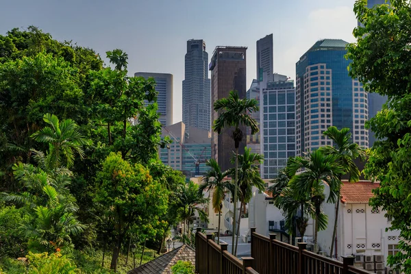 Downtown Skyscrapers Singapore Viewed Chinatown Smog Annual Burning Palm Plantations — Stock Photo, Image