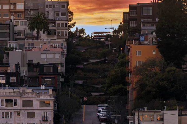 Yüksek Açı San Francisco Kaliforniya Daki Ünlü Eğri Büğrü Lombard — Stok fotoğraf