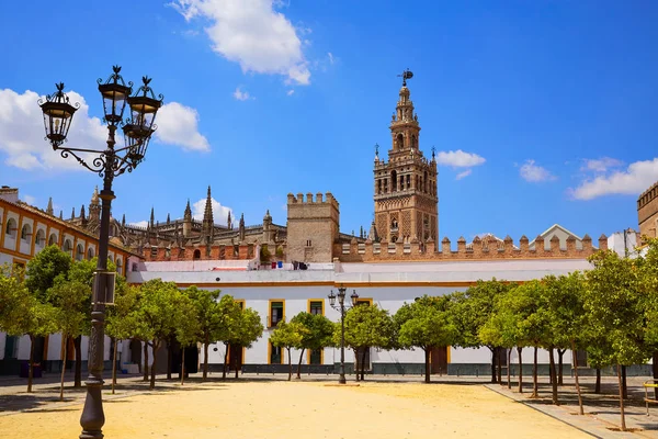 Sevillské katedrály Giralda tower od Alcazar — Stock fotografie