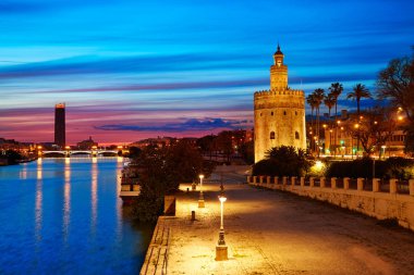 Seville sunset skyline torre del Oro in Sevilla