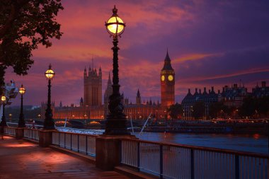 Londra günbatımı manzarası Bigben ve Thames