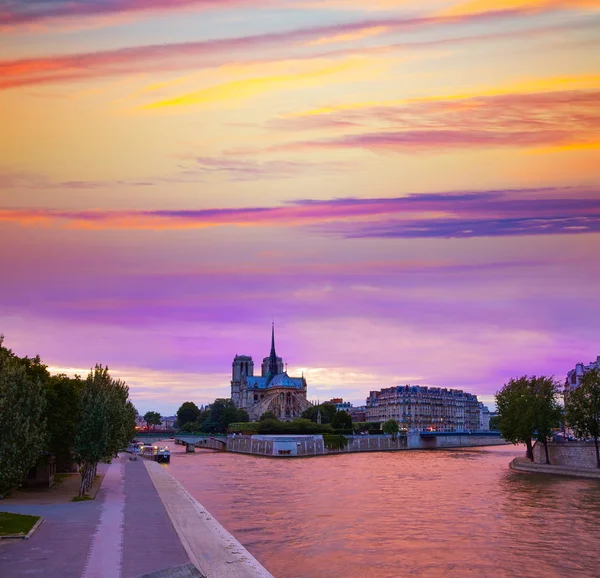 Katedralen Notre Dame Paris solnedgång vid Seine — Stockfoto