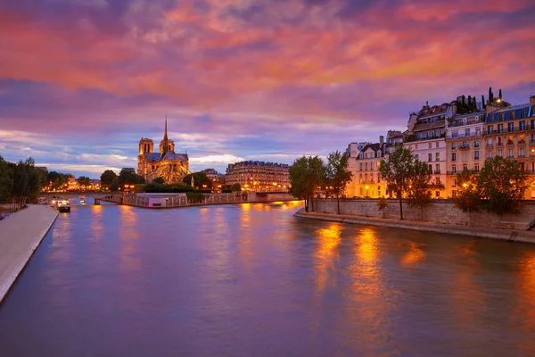 Katedralen Notre Dame Paris solnedgång vid Seine — Stockfoto