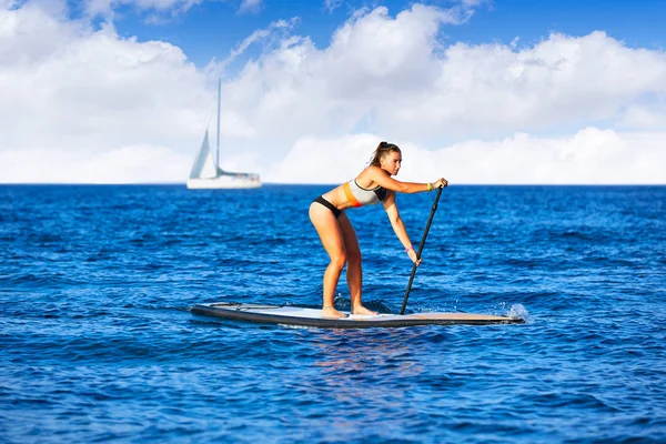 Stand op Surf meisje sup met peddel — Stockfoto