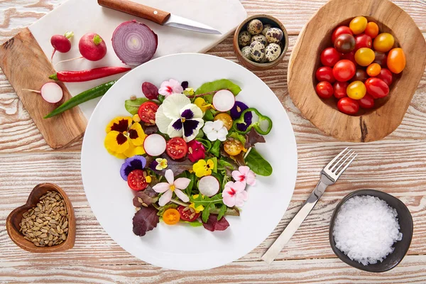 Ensalada de flores comestibles en un plato — Foto de Stock