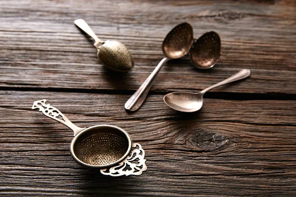 Vintage retro tea Strainers silver brass — Stock Photo, Image