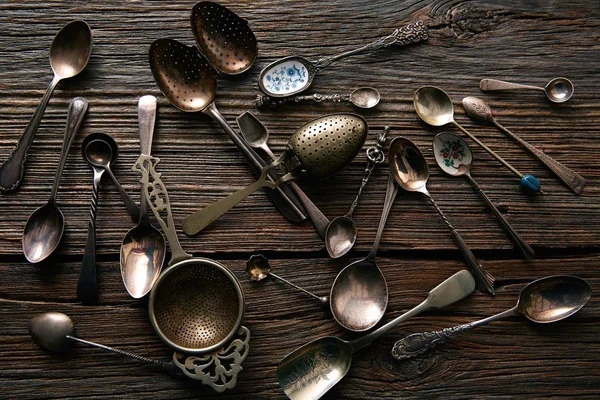 Vintage retro tea spoons and Strainers — Stock Photo, Image