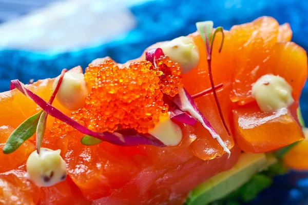 Salmon and avocado Tartare with soya — Stock Photo, Image