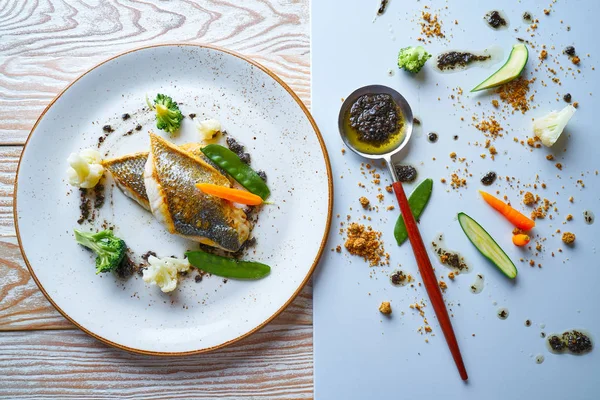 Zeebaars zeebaars met roer gebakken groenten — Stockfoto