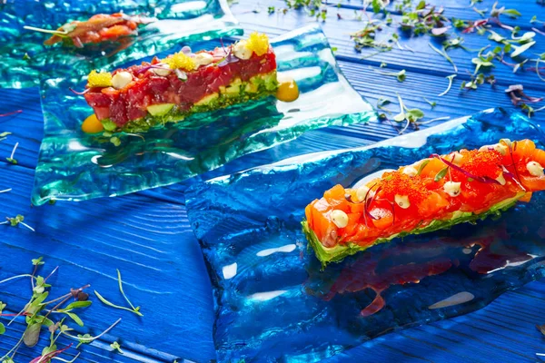 Salmão e atum Tartare com anchovas — Fotografia de Stock