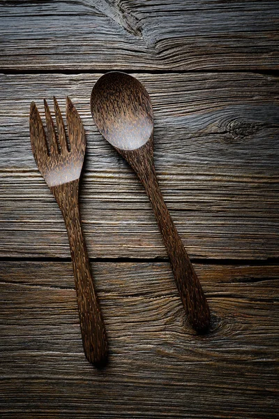 Spatole utensili in legno cucchiaio e forchetta — Foto Stock