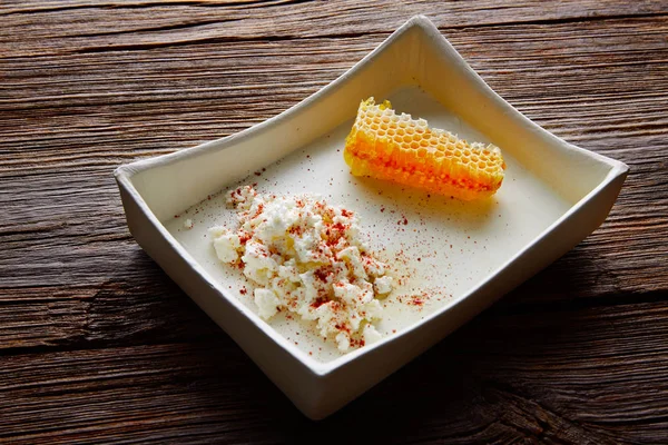 Cottage cheese curd with Honey honeycomb — Stock Photo, Image