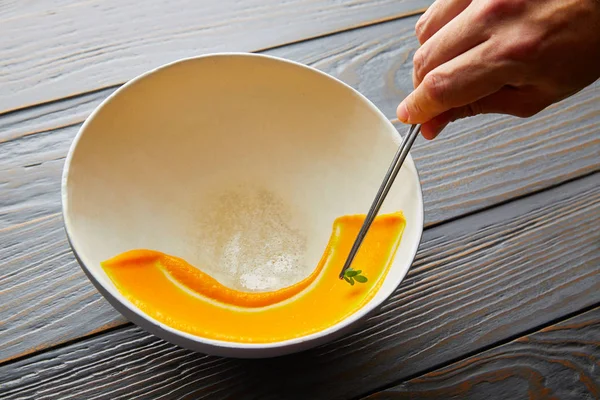 Creamy carrot cream painted on white bowl — Stock Photo, Image