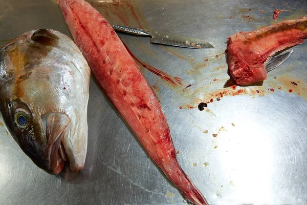 Amberjack fish fillet process in stainless steel — Stock Photo, Image