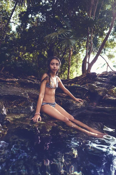 Girl in Cenote at Riviera Maya of Mexico — Stock Photo, Image