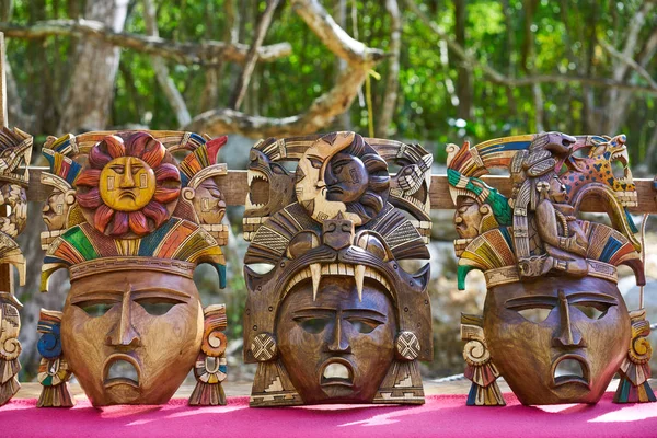 Chichen itza Mayan handcrafts wood masks — Stock Photo, Image