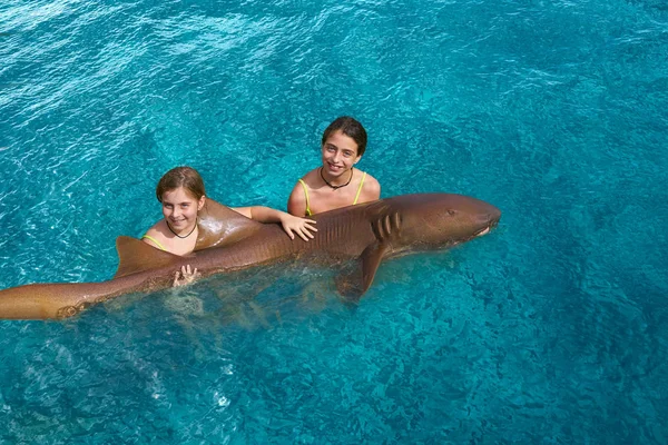 Rahibe kızlar Hemşire köpekbalığı Riviera Maya sarılmak. — Stok fotoğraf