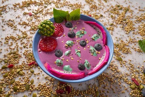 Acai bowl smoothie with chia strawberry blueberry — Stock Photo, Image