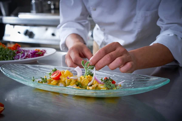 Chef reicht Garnitur für Ceviche-Gericht — Stockfoto