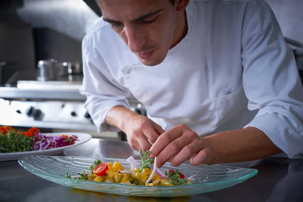 Mani di chef guarnire piatto di verdure — Foto Stock