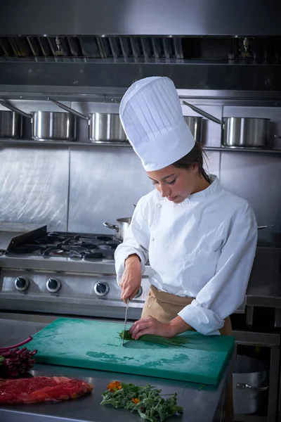 Chef mulher retrato corte na cozinha — Fotografia de Stock
