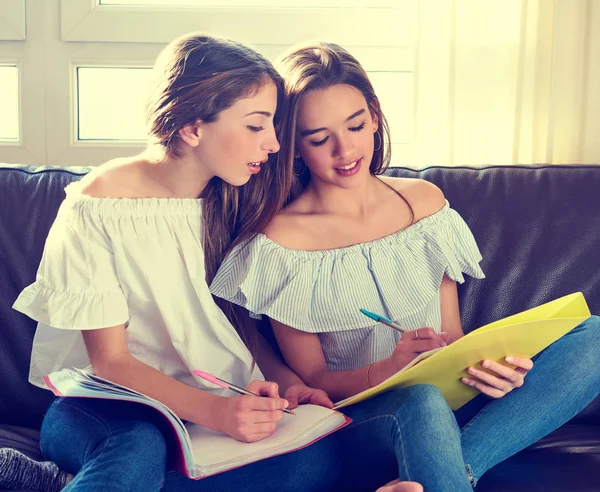 Best friend girls studying homework at home — Stock Photo, Image