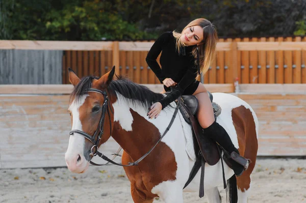 Jovem Mulher Sexy Com Cavalo — Fotografia de Stock
