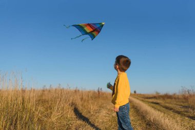 Kafasında uçurtma uçuşan küçük bir çocuk