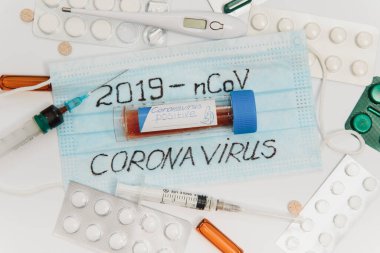 Surgical mask protective mask with CORONAVIRUS text. Virus 2019-n CoV in Wuhan, China. Tablets, mask, syringe