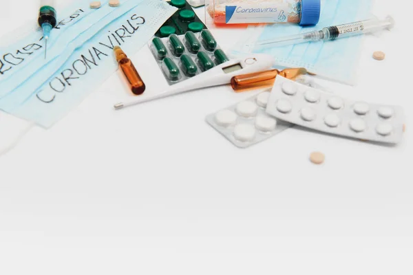 Novel Coronavirus 2019 Ncov Protective Medical Mask Medicines Pills Virus — Stock Photo, Image