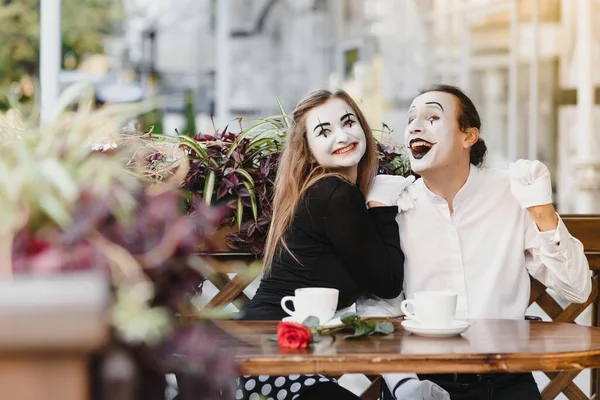 Mimes Frente Cafetería París Actuando Como Beber Café — Foto de Stock