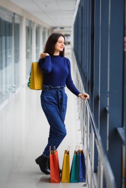 Moda Alışveriş Kızı Portresi. Alışveriş merkezinde alışveriş torbalarıyla gezen güzel kadın. Alışverişçi. Satışlar. Alışveriş Merkezi