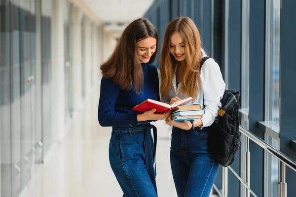 Две Молодые Студентки Стоят Книгами Сумками Коридоре Университета Разговаривая Друг — стоковое фото