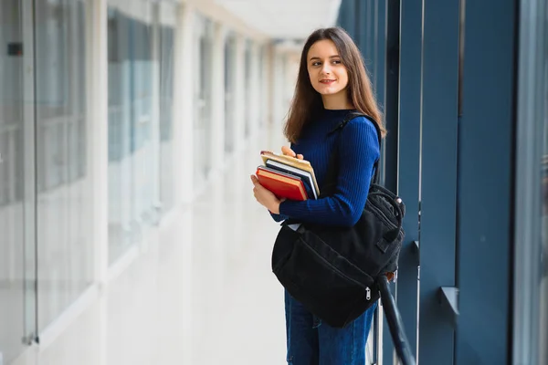 Portrait Pretty Female Student Books Backpack University Hallway — Stock Photo, Image