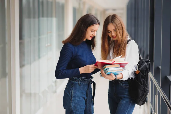 Две Молодые Студентки Стоят Книгами Сумками Коридоре Университета Разговаривая Друг — стоковое фото