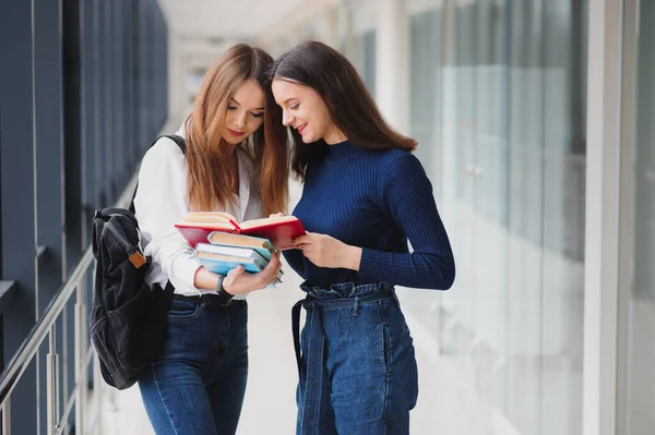 Двоє Молодих Школярок Стоять Книжками Сумками Університеті Коридорі Розмовляють Одна — стокове фото
