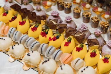 Tatlı, kek, tiramisu ve kurabiyelerle düğün şekerleri büfesinde lezzetli tatlılar.